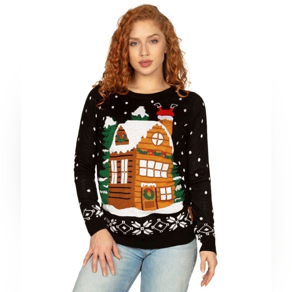 TIPSY ELVES WOMEN'S LIGHT SHOW LIGHT UP UGLY CHRISTMAS SWEATER IN BLACK SIZE XL